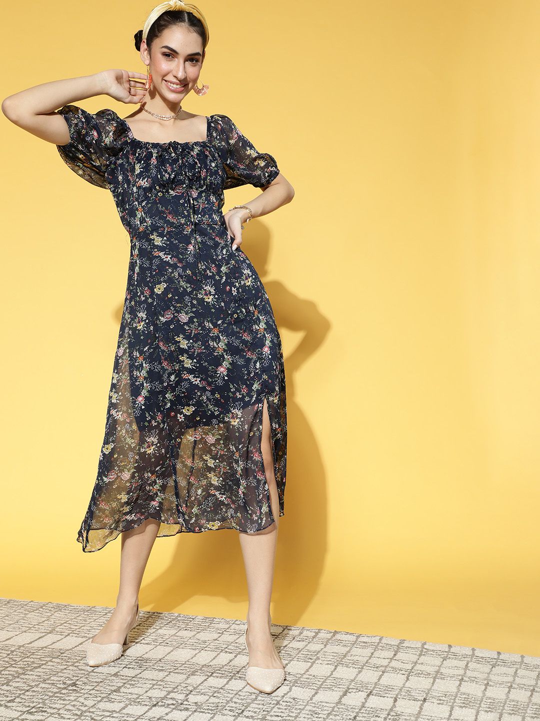 Athena Women Deep Navy Blue Floral Volume Play Dress