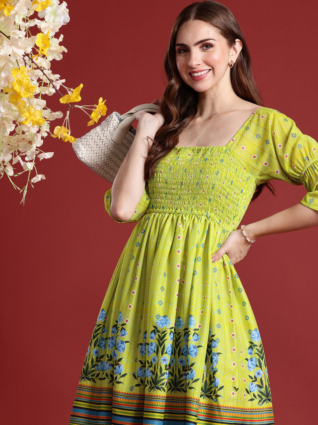 Anouk Floral Printed Fit & Flared Smocked Ethnic Dress