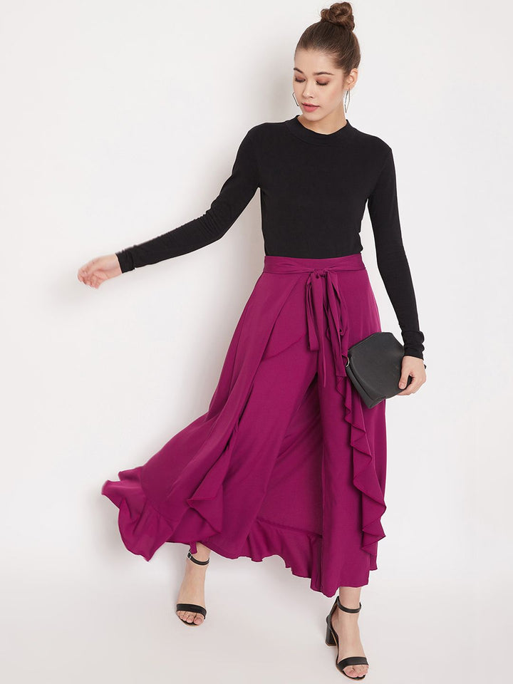 Berrylush Women Purple Solid Ruffle Maxi Wrap Pant Skirt