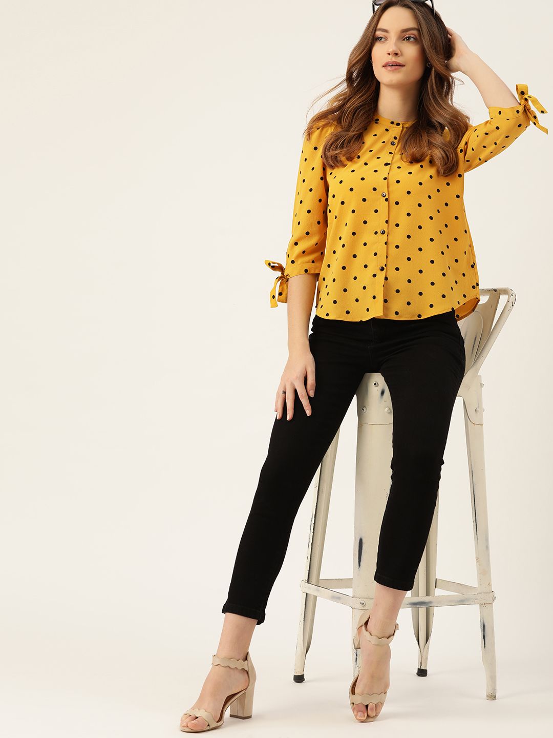 DressBerry Yellow & Black Print Shirt Style Top