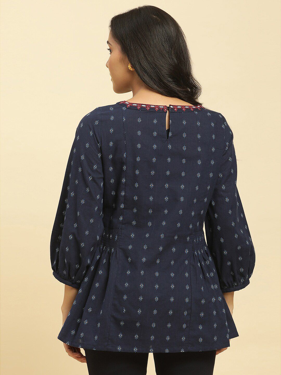W Ethnic Motifs Printed Puff Sleeves Cotton Peplum Top