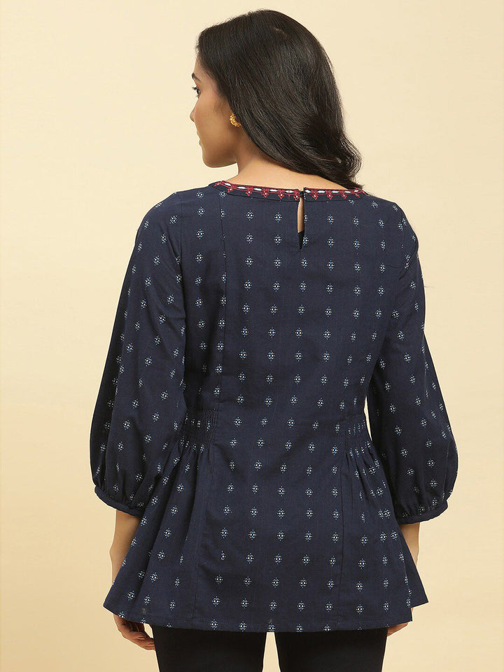 W Ethnic Motifs Printed Puff Sleeves Cotton Peplum Top