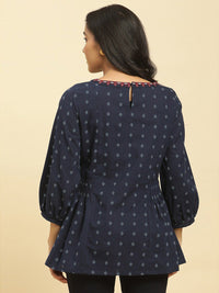 W Ethnic Motifs Printed Puff Sleeves Cotton Peplum Top