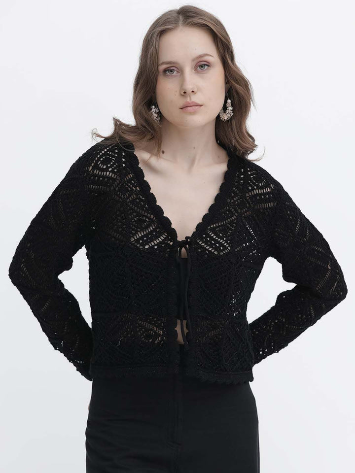 RAREISM Women Tie Up Neck Crop Sheer Shrug