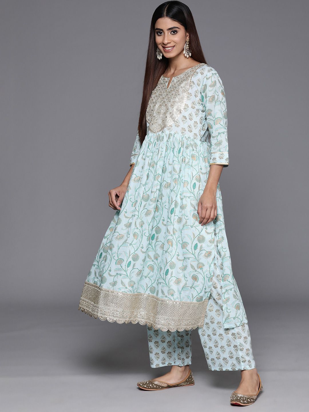 Libas Floral Printed Pleated Gotta Patti Pure Cotton Kurta with Palazzos & Dupatta