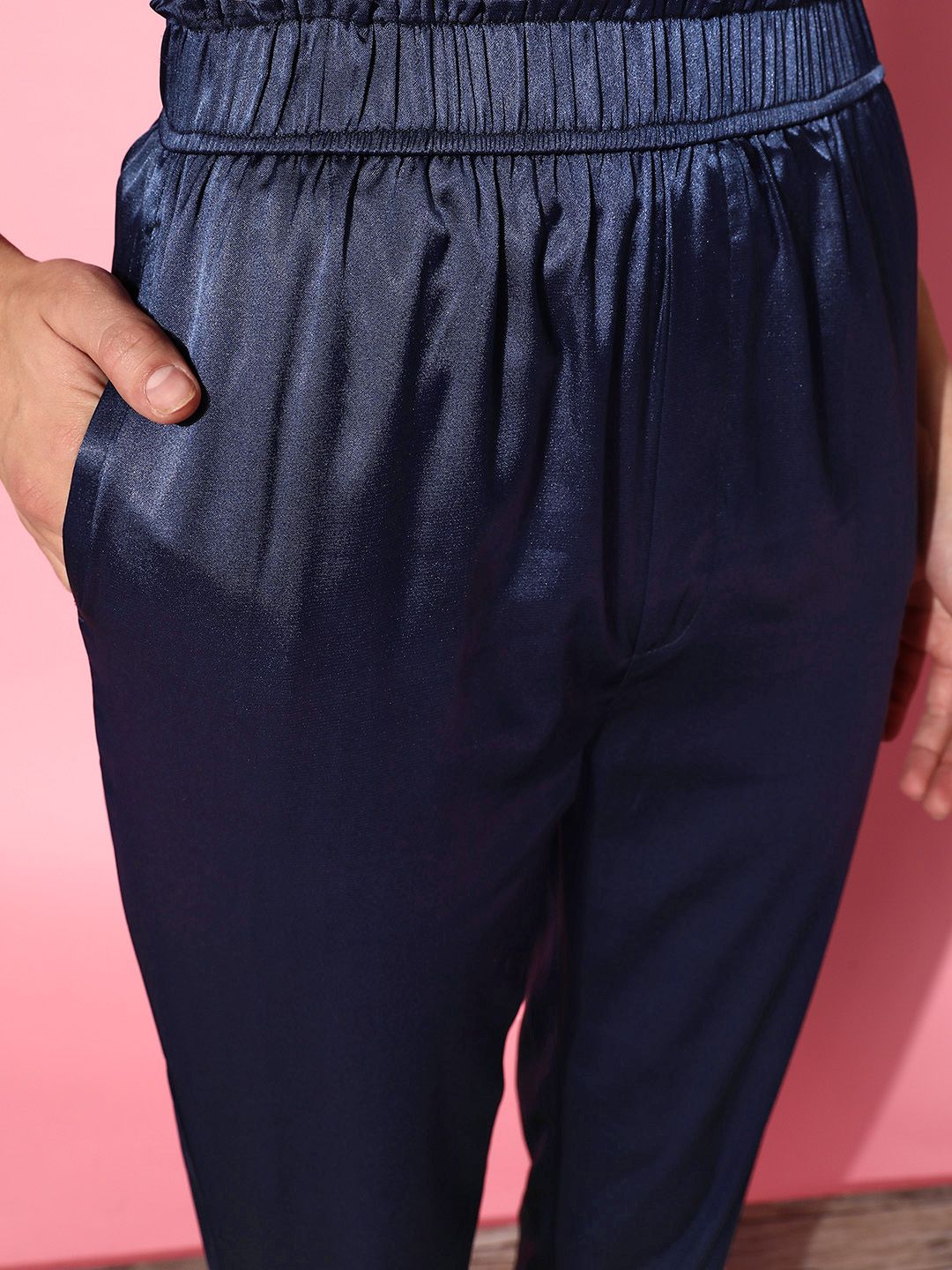 SASSAFRAS Women Attractive Navy Blue Solid Satin Trousers