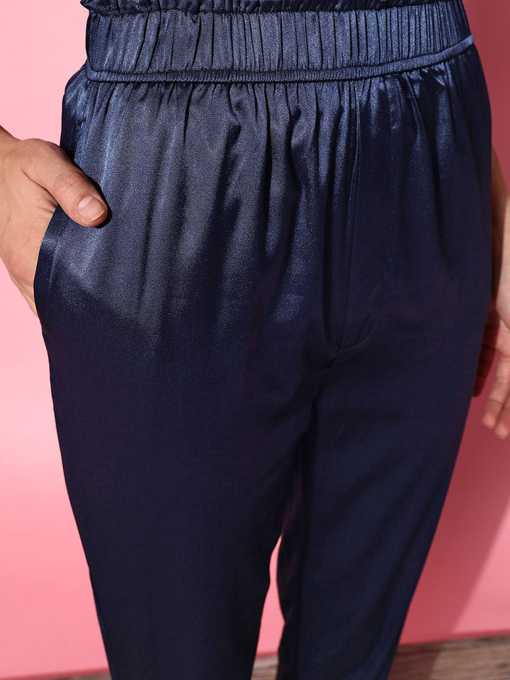SASSAFRAS Women Attractive Navy Blue Solid Satin Trousers