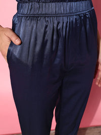 SASSAFRAS Women Attractive Navy Blue Solid Satin Trousers