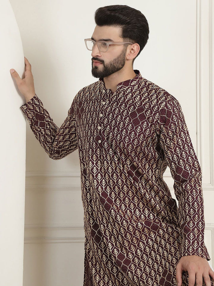 SOJANYA Lelaki Motif Etnik Lengan Berkobar Kurta Kerja Benang