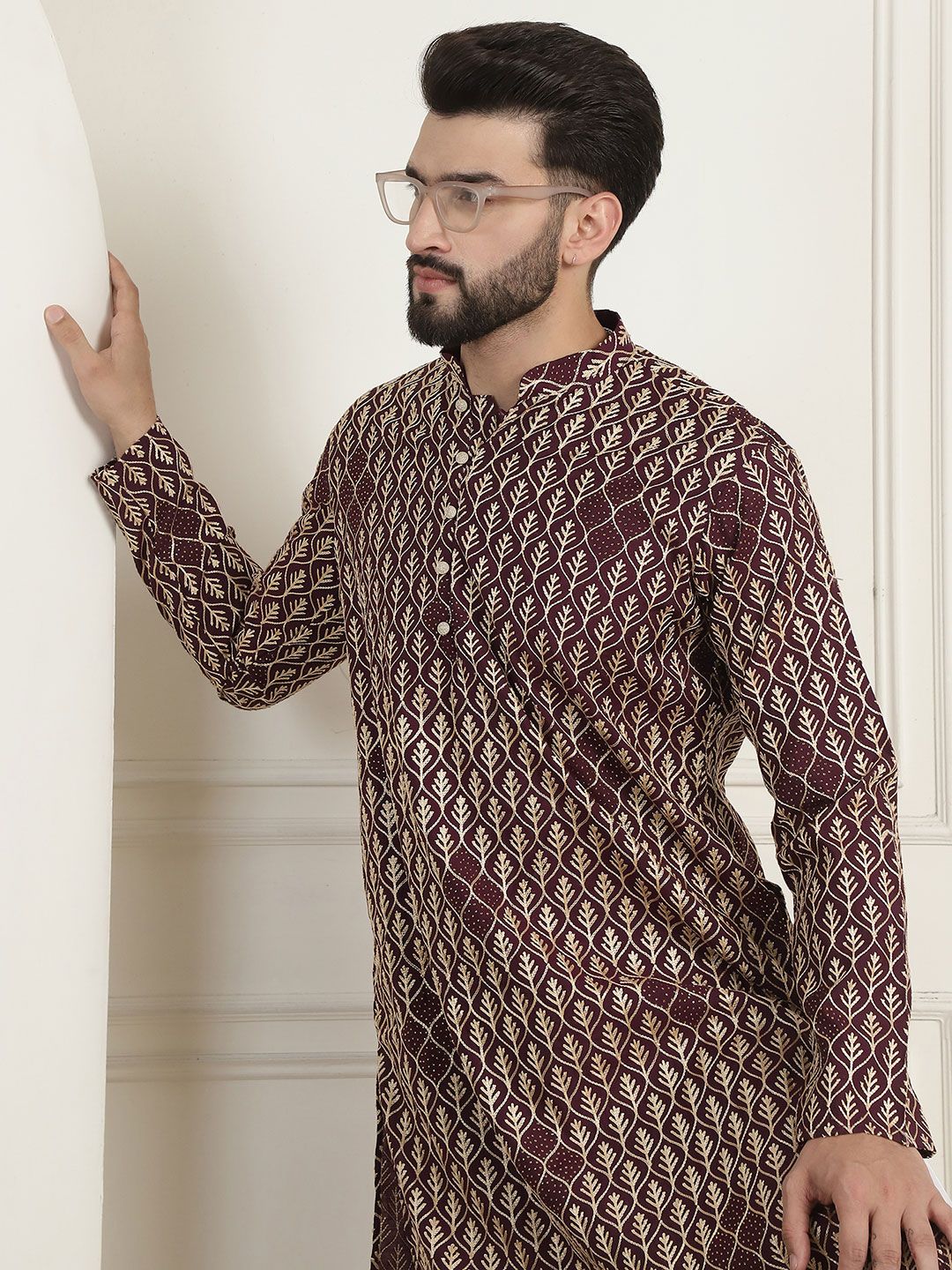 SOJANYA Lelaki Motif Etnik Lengan Berkobar Kurta Kerja Benang