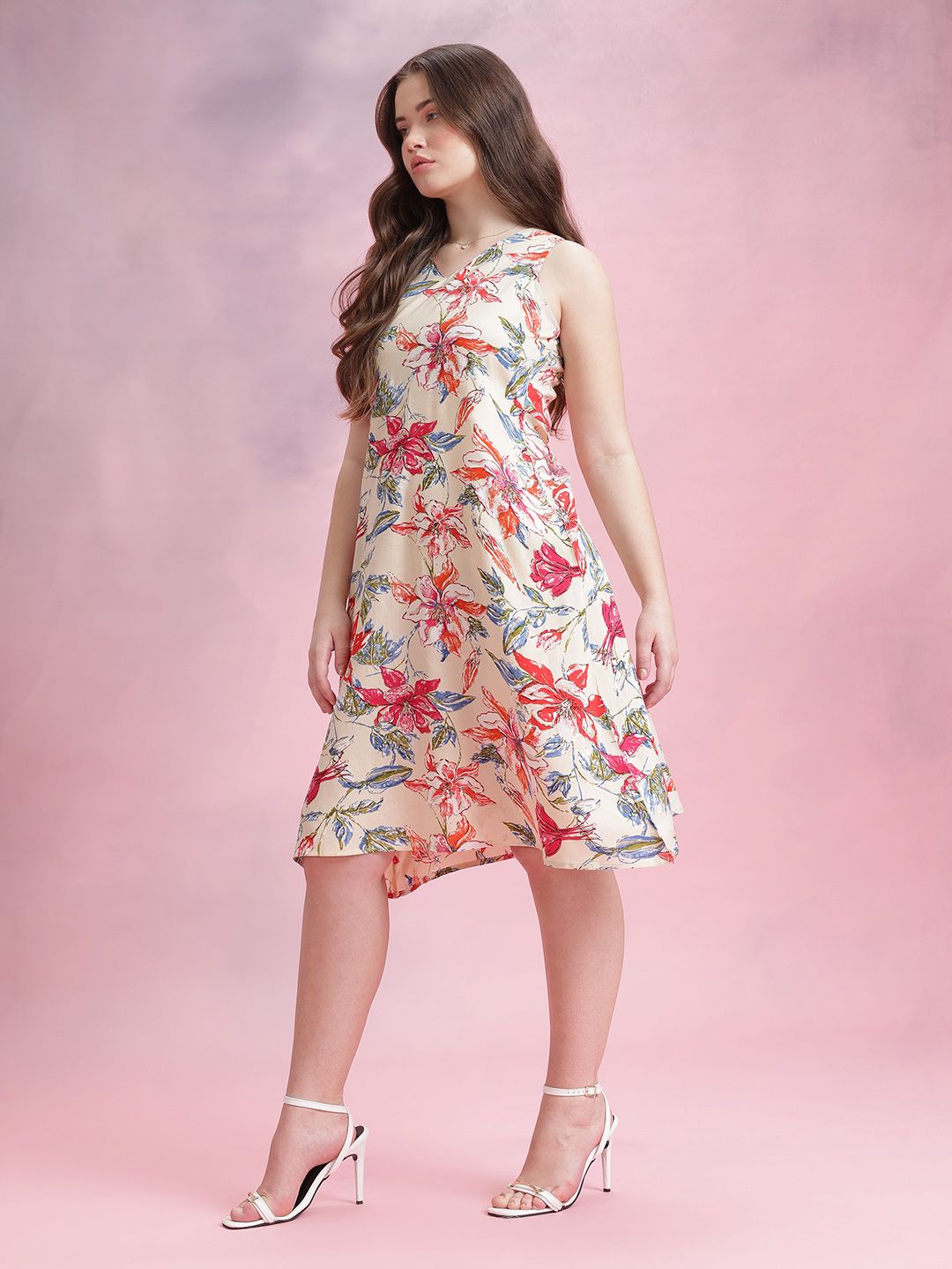 DressBerry Floral Print V-Neck Midi A-Line Dress