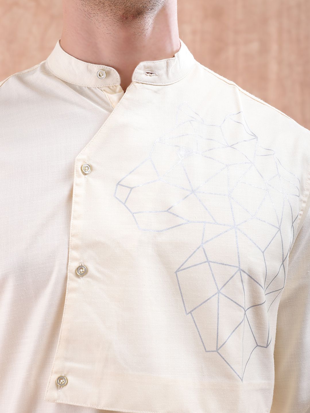 The Indian Garage Co Men Cream-Coloured Printed Detail Layered Kurta