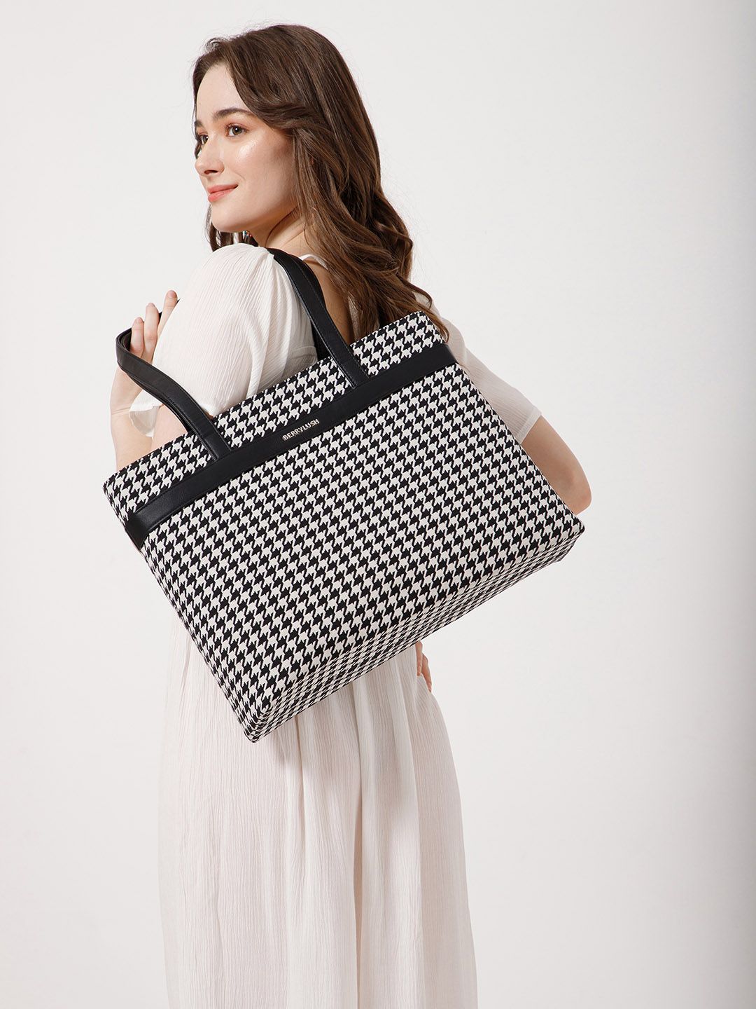 Berrylush Black Self Design Shopper Tote Bag