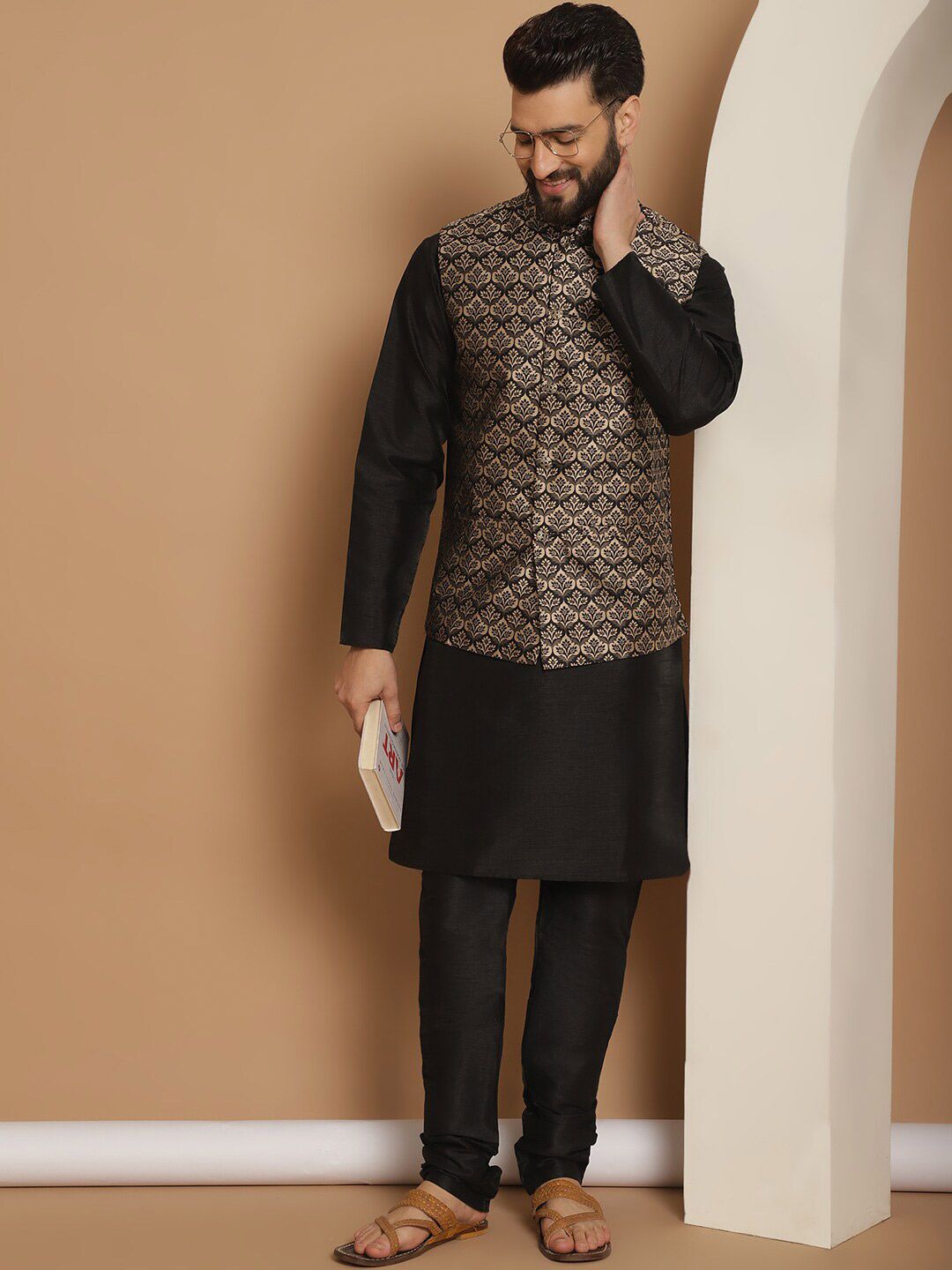 Anouk Woven Design Mandarin Collar Long Sleeves Kurta with Churidar Nehru Jacket