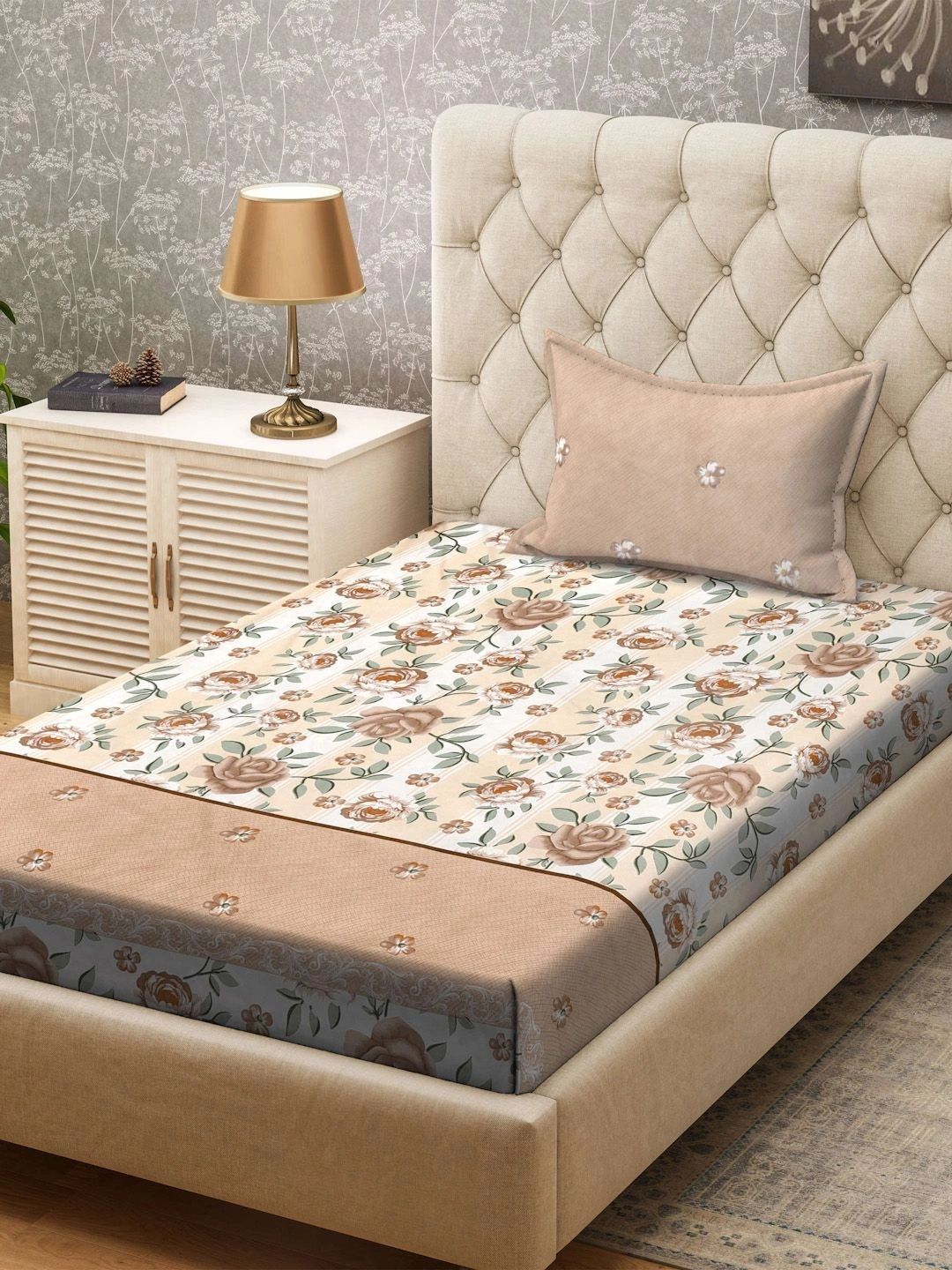 Myntra Elegant Homes Brown & White Floral 300 TC Single Bedsheet with 1 Pillow Covers