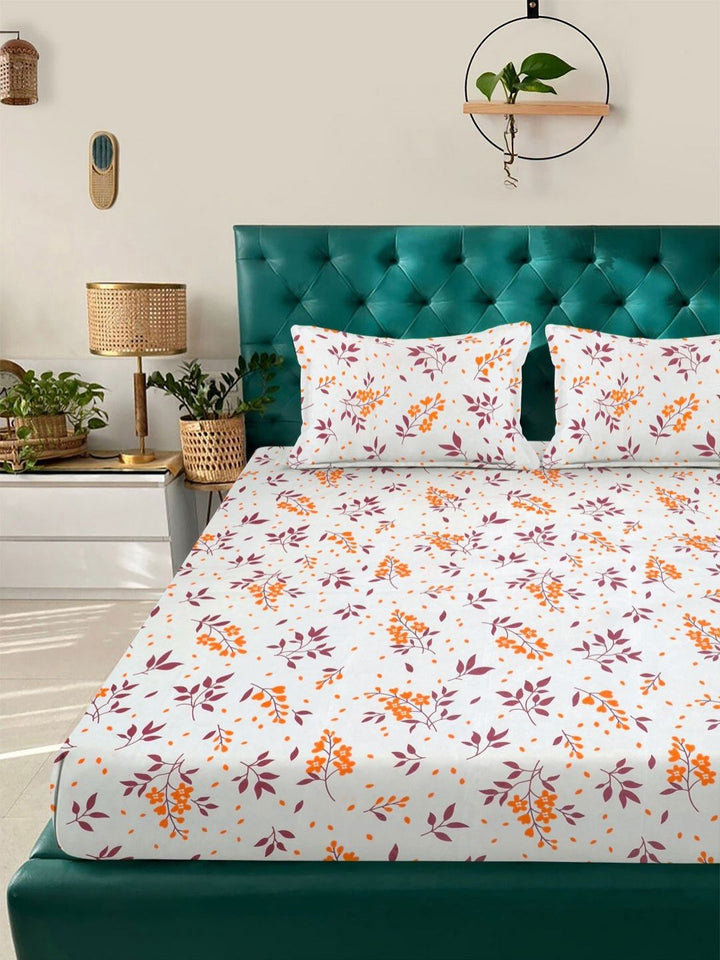 KLOTTHE White Floral Polycotton 300 TC King Fine Bedsheet dengan 2 Sarung Bantal-98 x 89 inci
