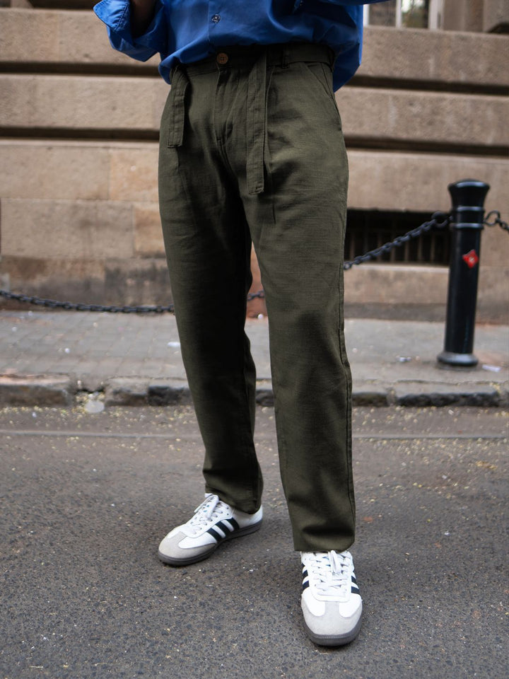 Powerlook Olive Cotton Pant With Belt