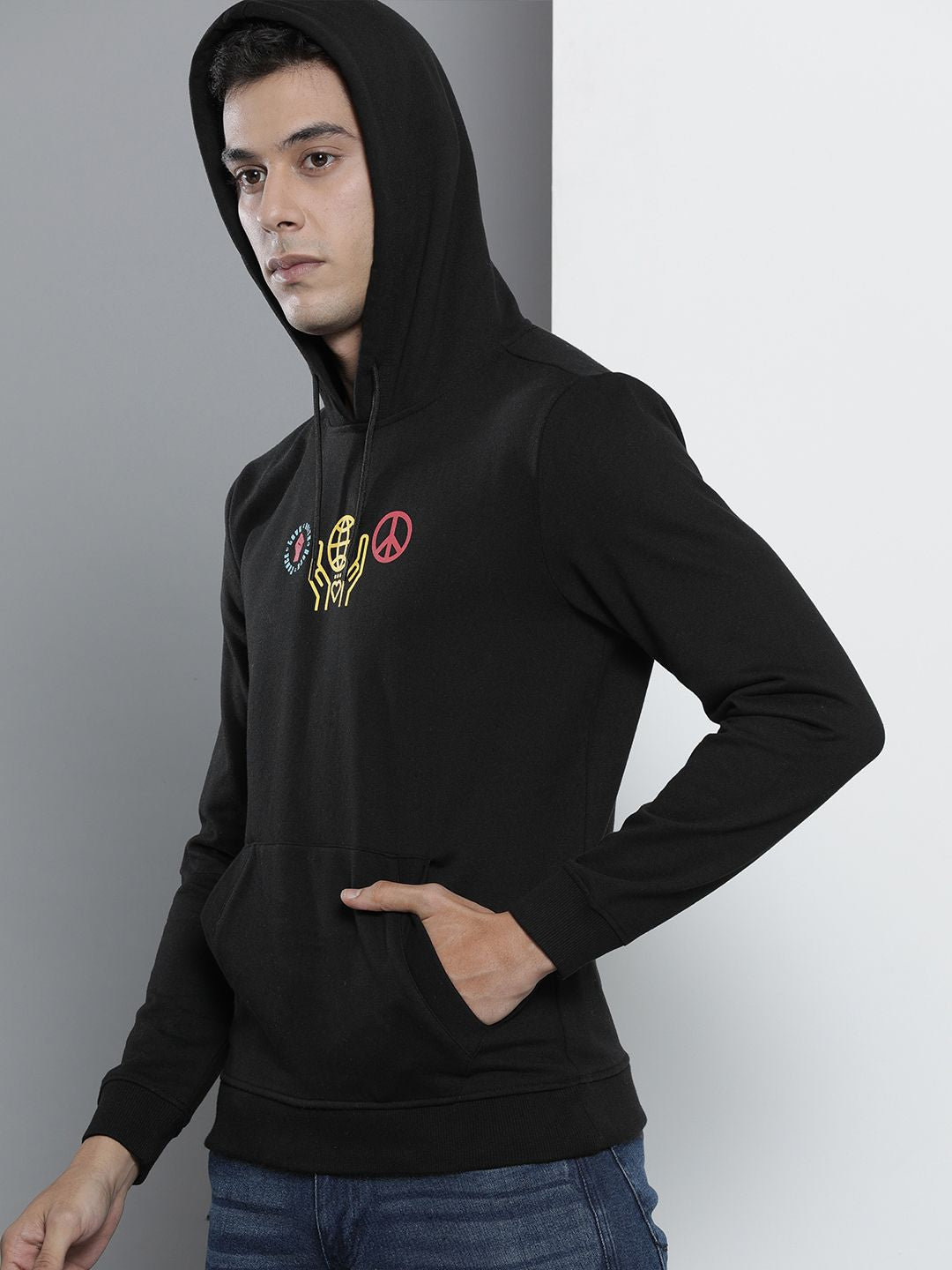 The Indian Garage Co Men Black Printed Hooded Sweatshirt