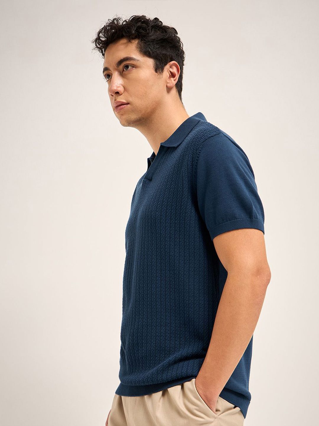 THE BEAR HOUSE Self Design Polo Collar Pure Cotton T-shirt