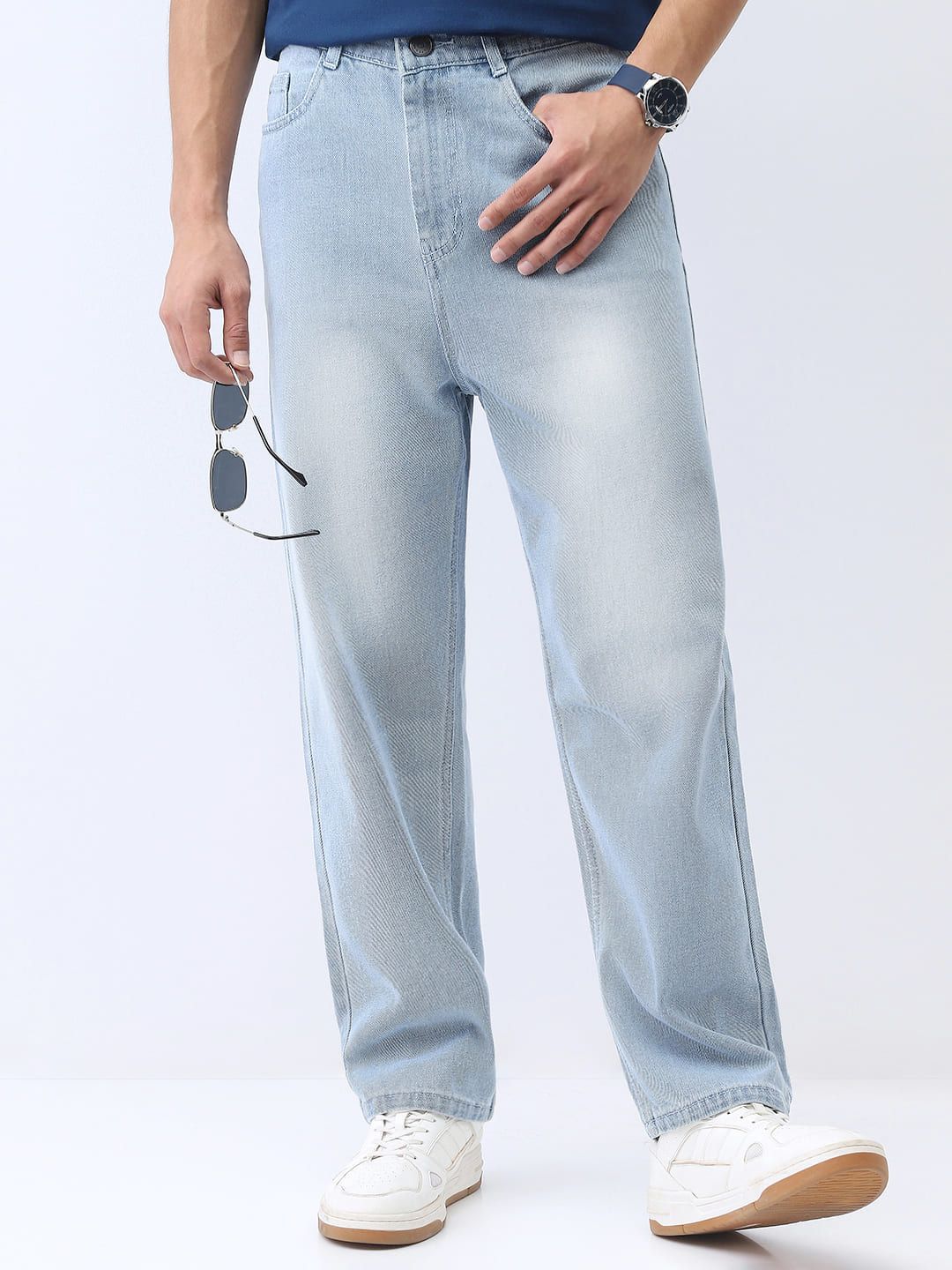 Urbano Fashion Men Ice Blue Loose Baggy Fit Washed Non-Stretchable Jeans