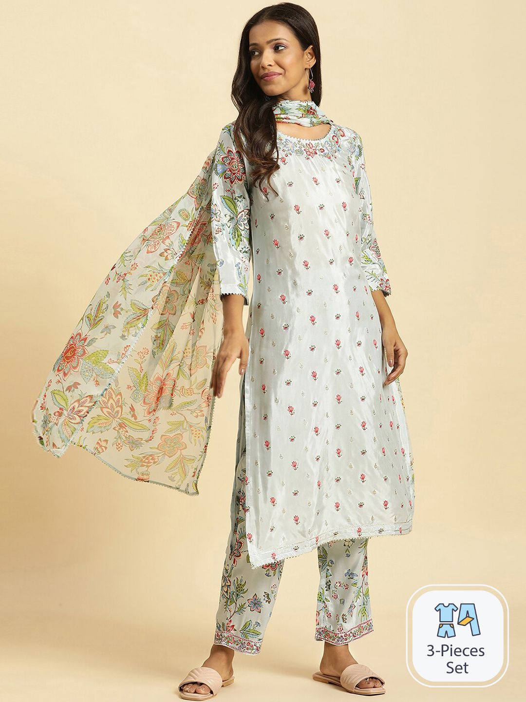 W Floral Printed Gotta Patti Straight Kurta With Trousers & Dupatta