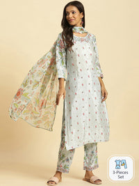 W Floral Printed Gotta Patti Straight Kurta With Trousers & Dupatta