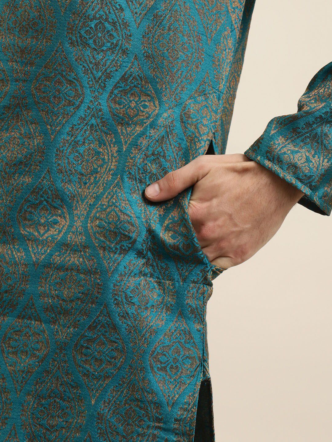 SOJANYA Men Teal Ethnic Motifs Regular Kurta with Churidar