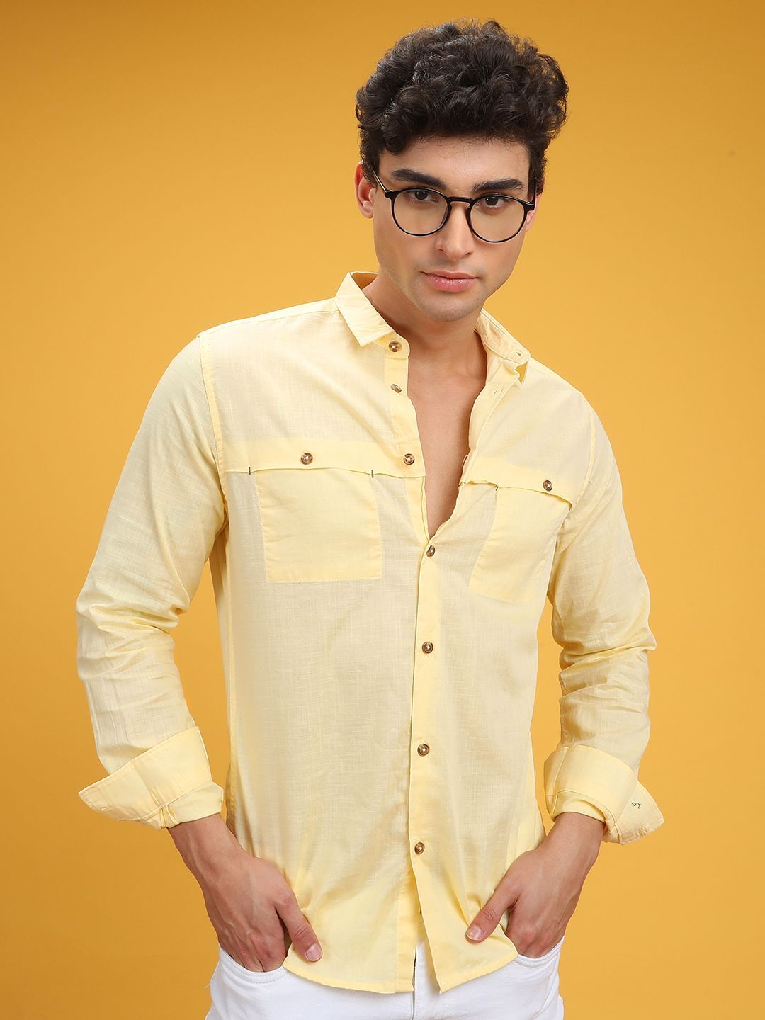 The Indian Garage Co Men Yellow Slim Fit Solid Pure Cotton Casual Shirt