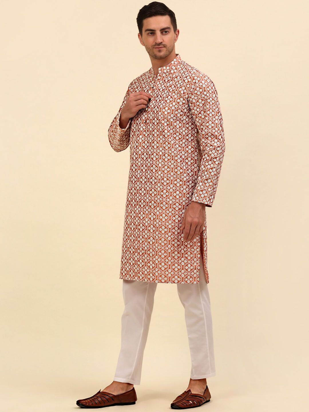 Anouk Peach Floral Embroidered Regular Chikankari Kurta with Pyjama