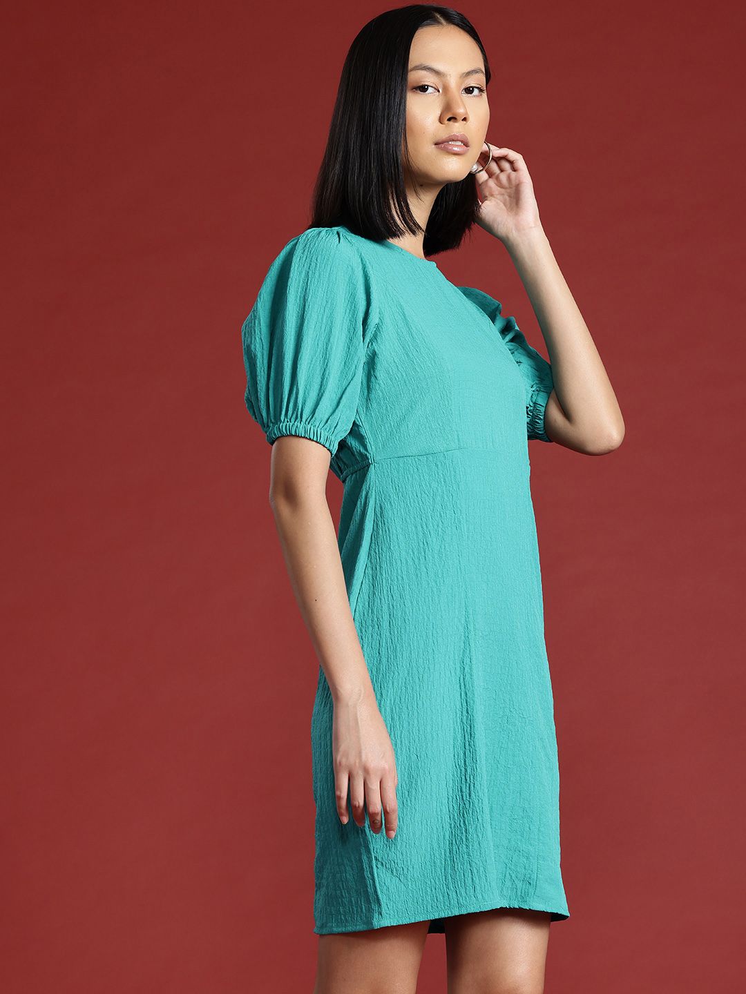 all about you Crinkled Cut-Out Back Puff Sleeve A-Line Dress