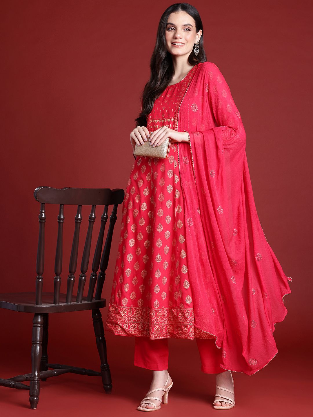 Anouk Ethnic Motifs Print A-Line Kurta with Trousers & Dupatta