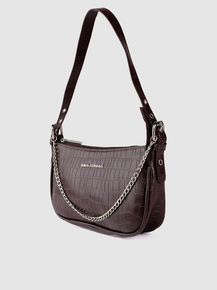 Lino Perros Coffee Brown Croc Textured Baguette Bag