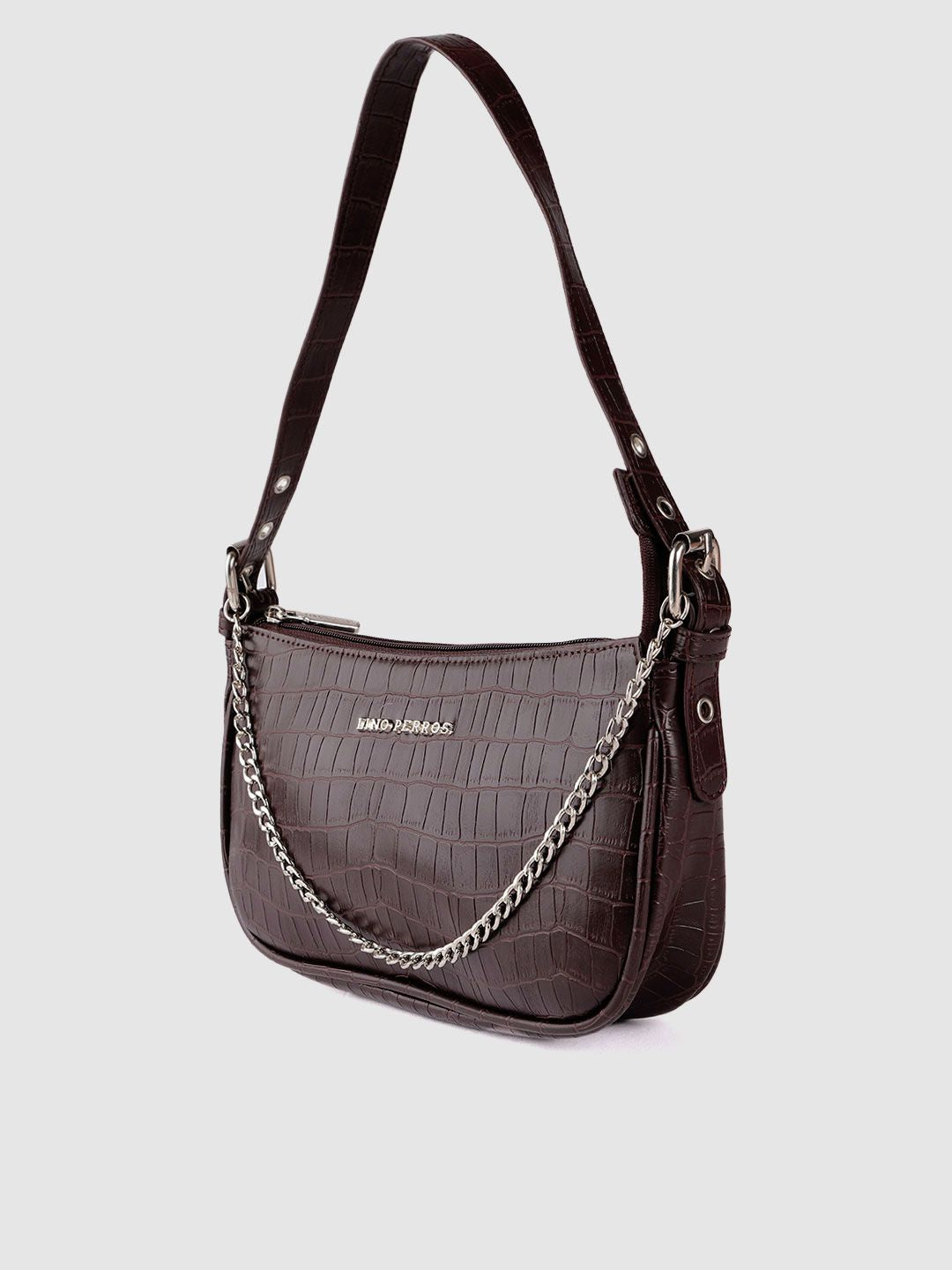 Lino Perros Coffee Brown Croc Textured Baguette Bag