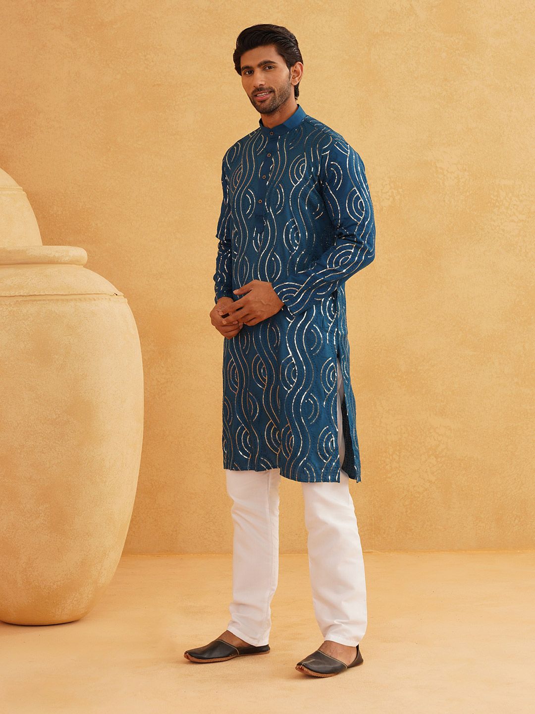 SOJANYA Geometric Embroidered Sequined Pure Cotton Kurta with Churidar