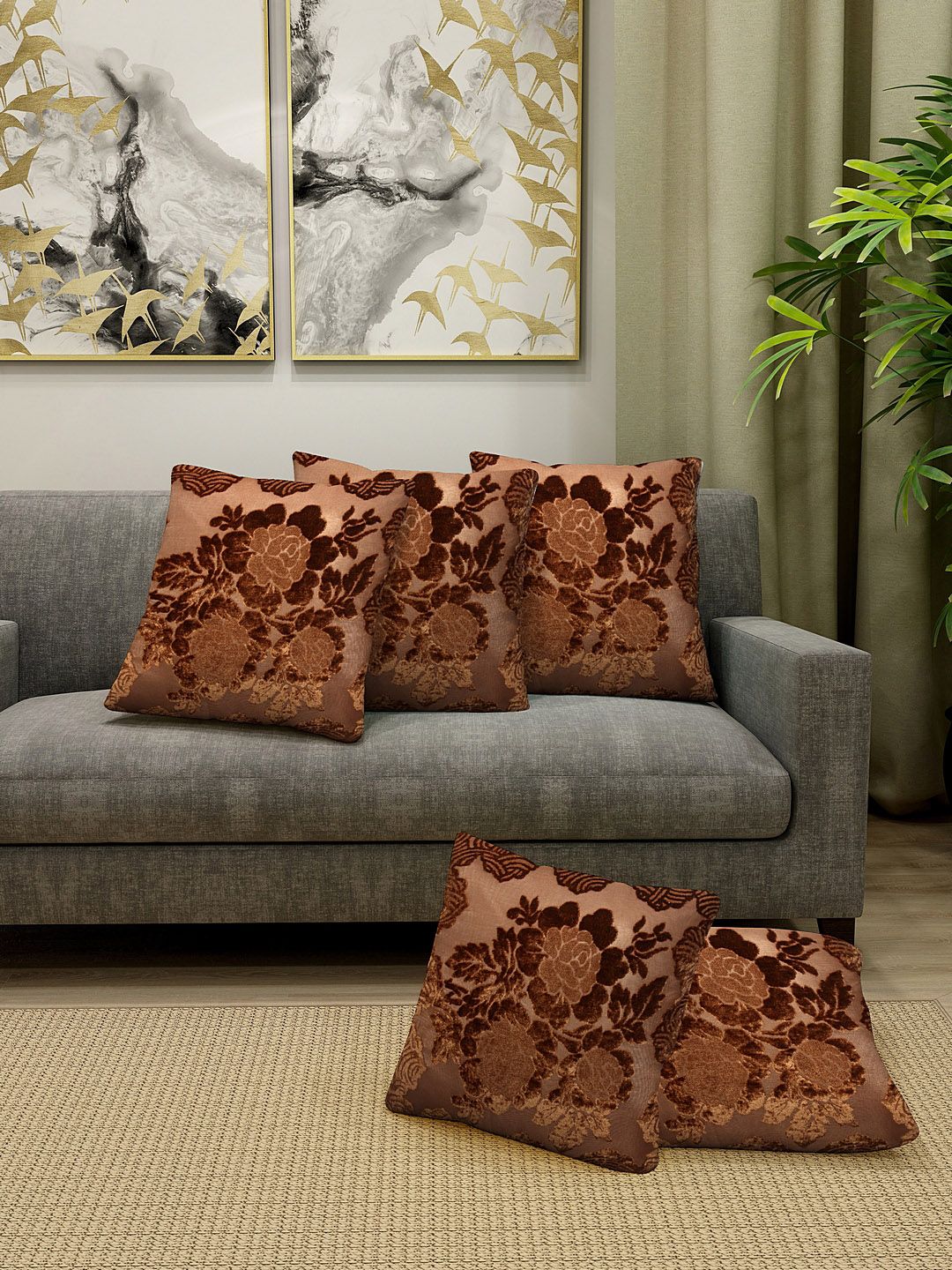 HOSTA HOMES Brown Set of 5 Floral Embossed Velvet Square Cushion Covers