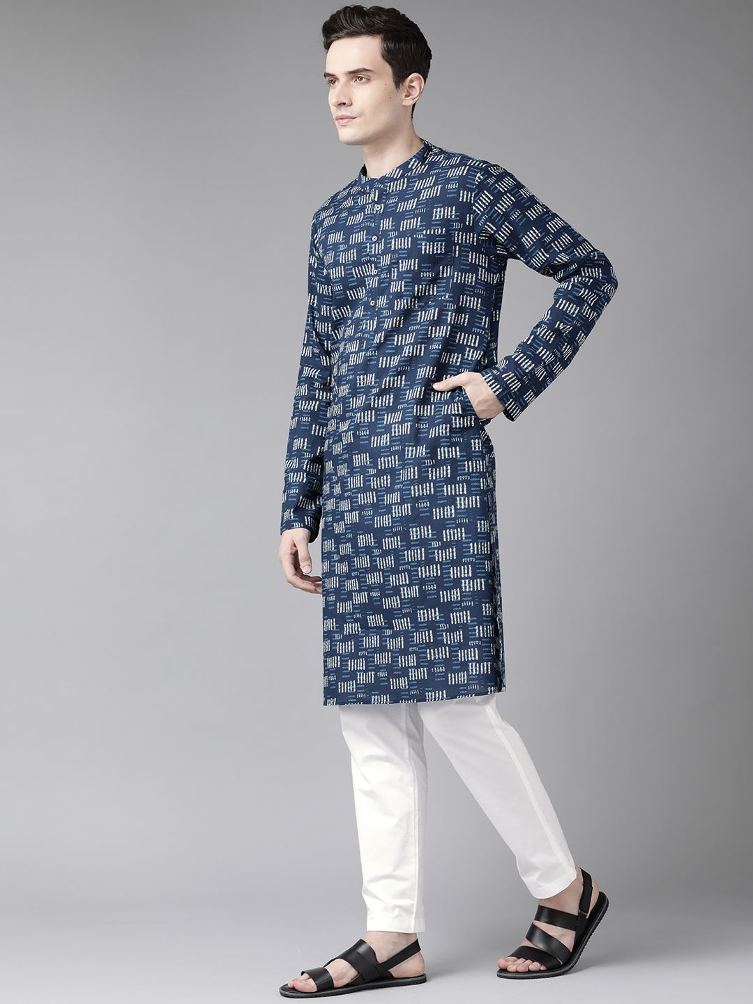 See Designs Men Navy Blue Printed Pure Cotton Kurta with Trousers