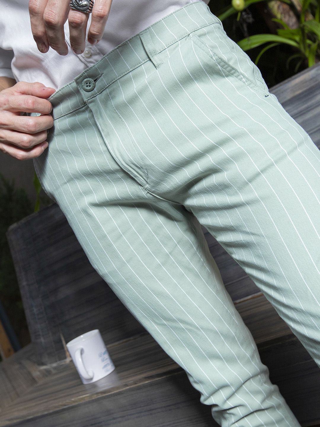 The Indian Garage Co Men Green & White Slim Fit Striped Chinos