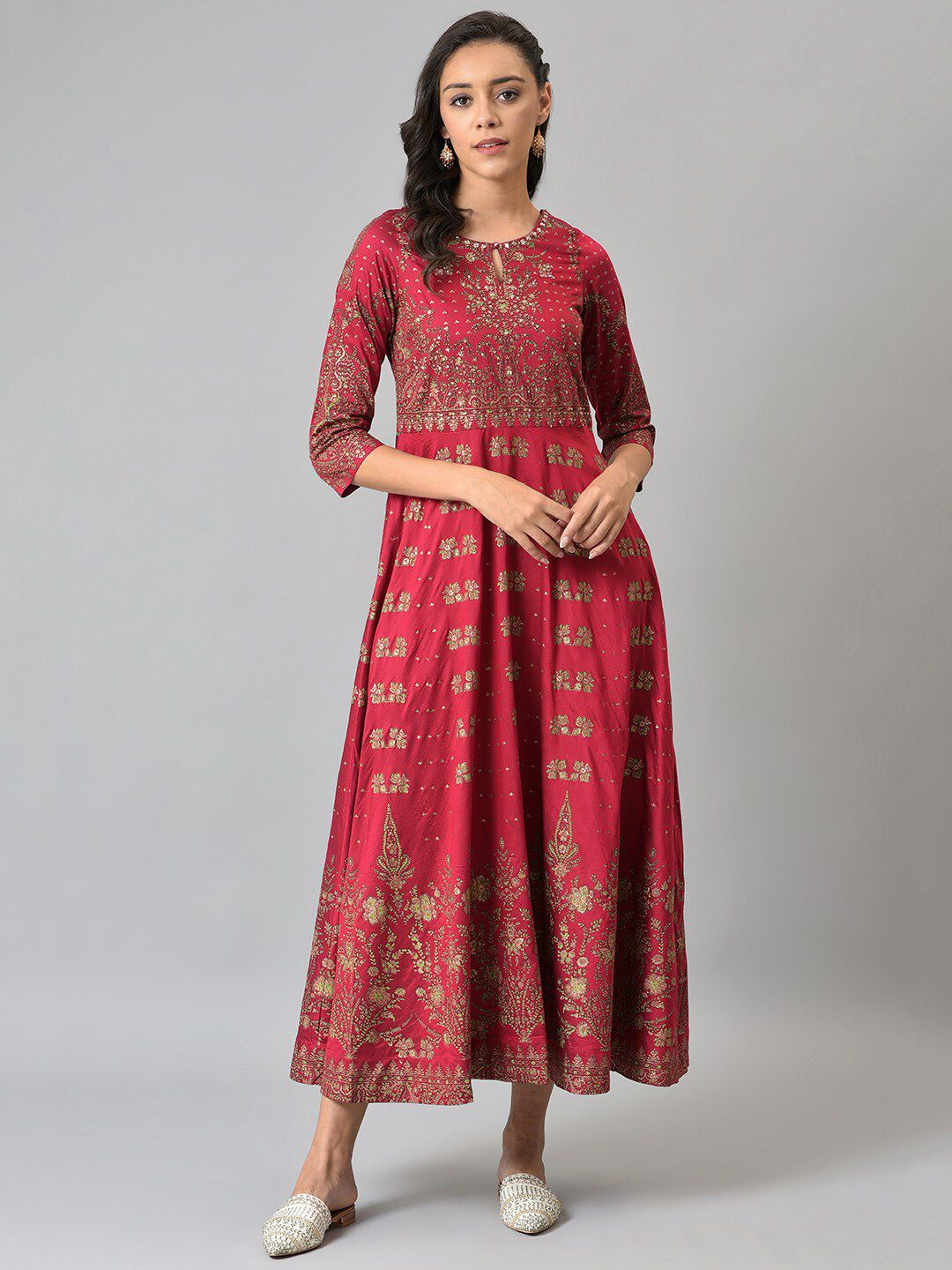 W Red Ethnic Motifs Keyhole Neck Chiffon Ethnic Maxi Dress