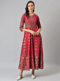 W Red Ethnic Motifs Keyhole Neck Chiffon Ethnic Maxi Dress
