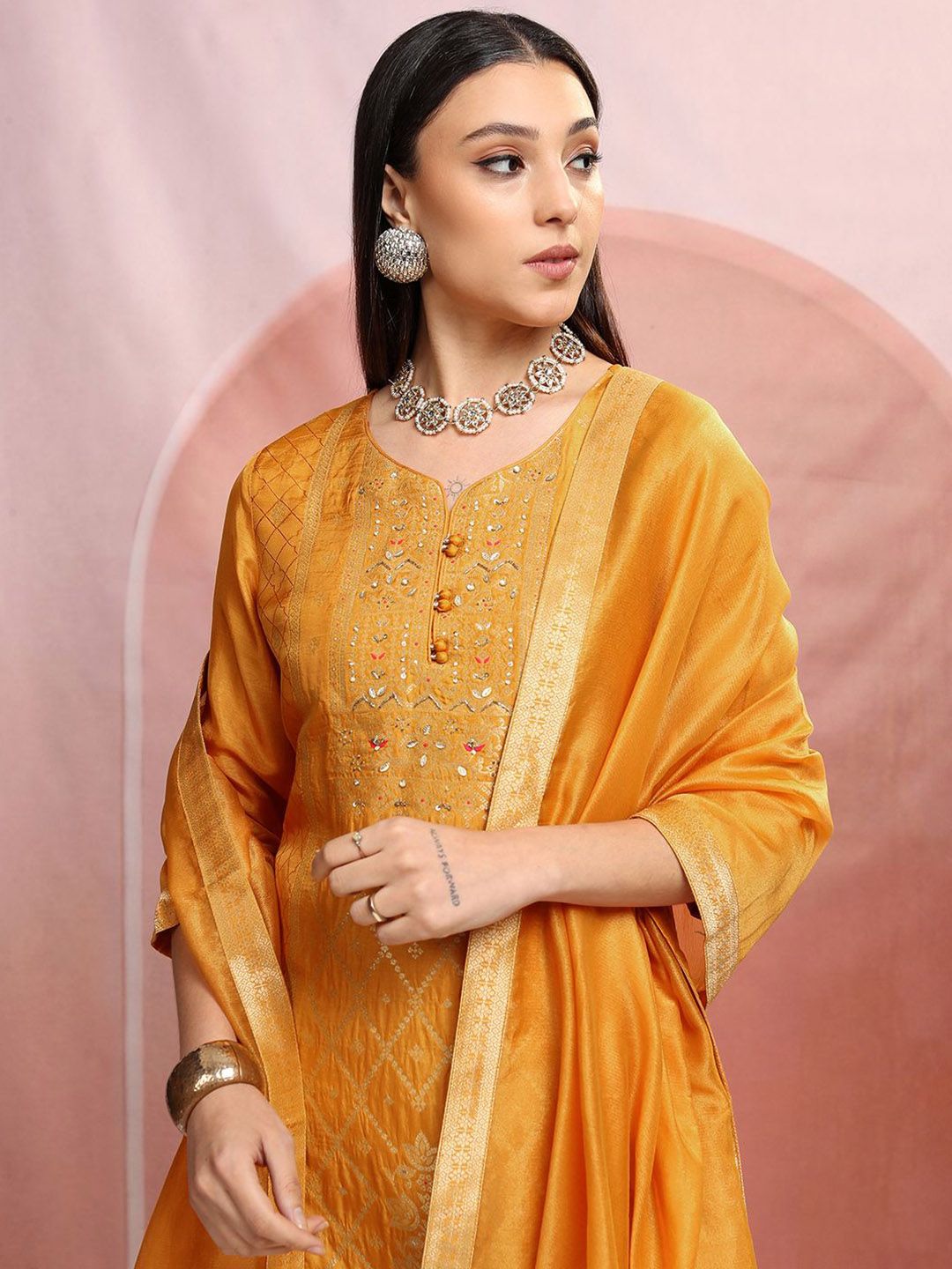 Vishudh Mustard Yellow Ethnic Motifs Embroidered Straight Kurta & Trousers With Dupatta