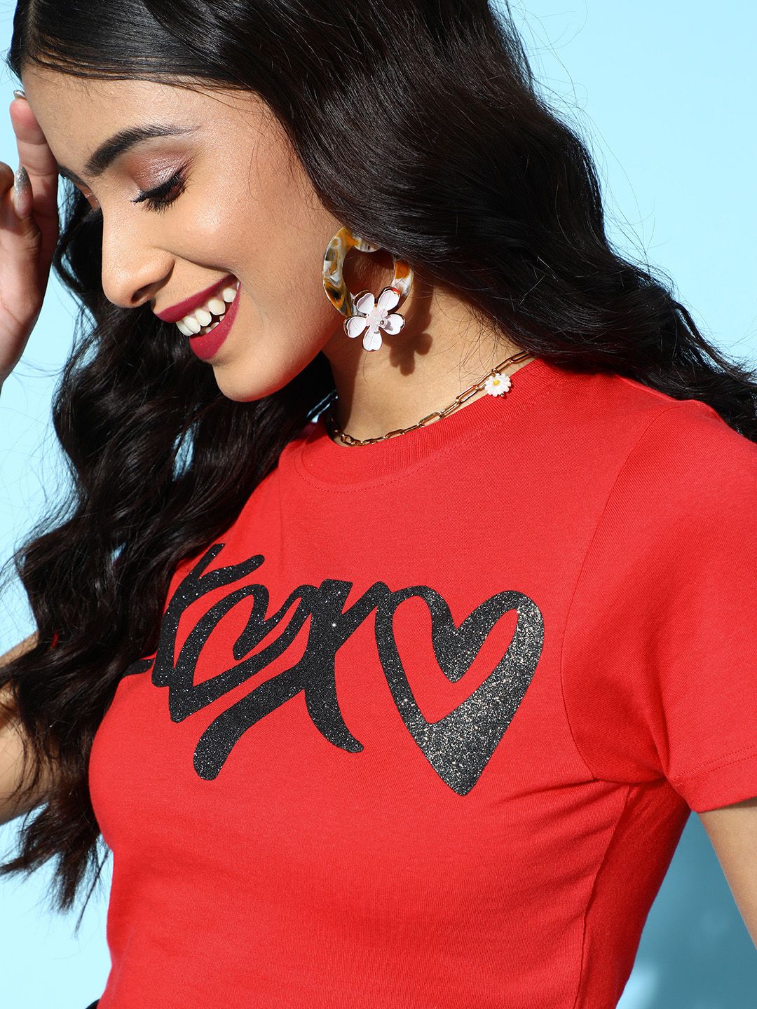 SASSAFRAS Women Gorgeous Red Graphic Cropped Tshirt