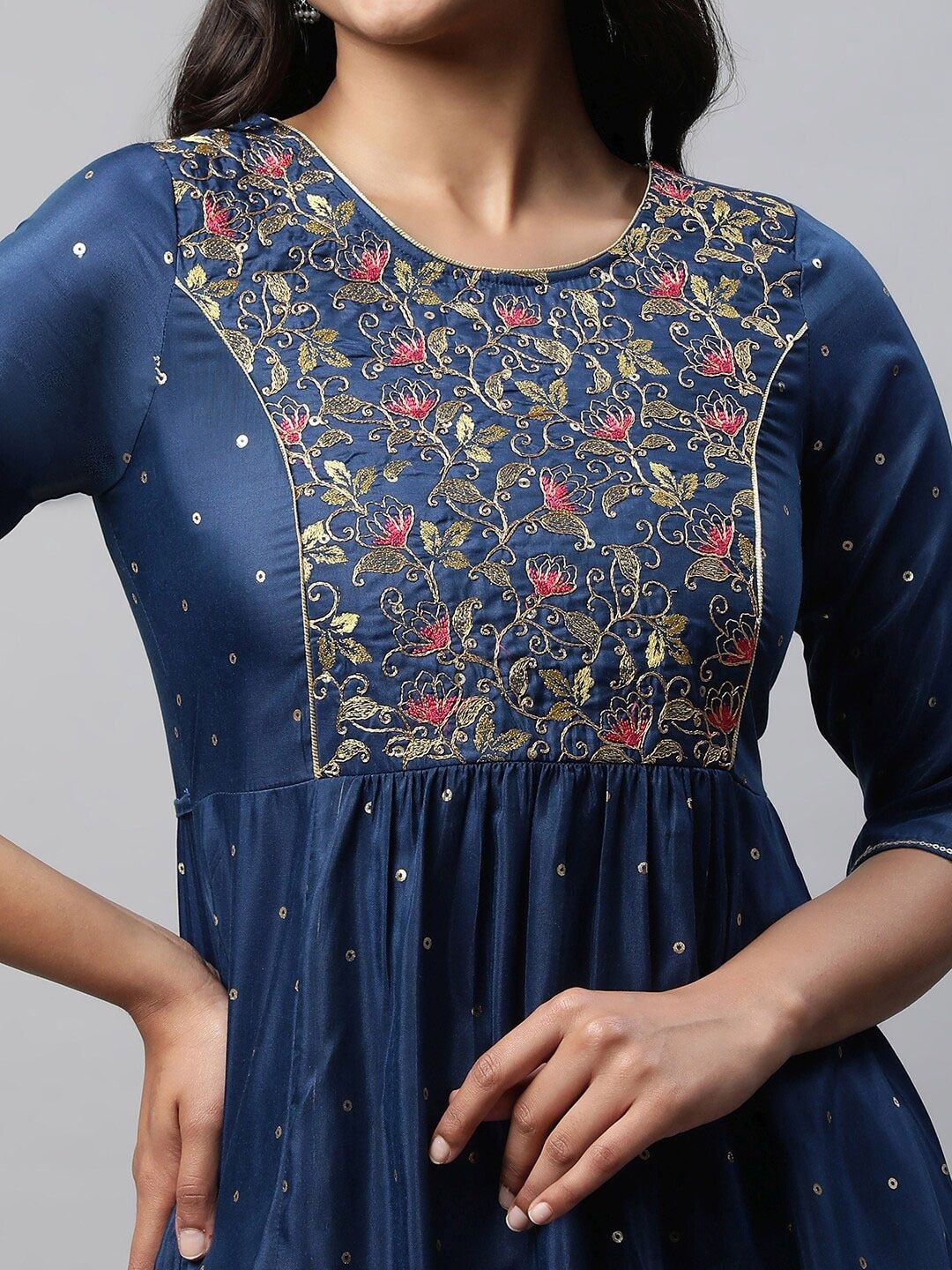 AURELIA Floral Eembroiderd  Sequined Pleated A-Line Kurta