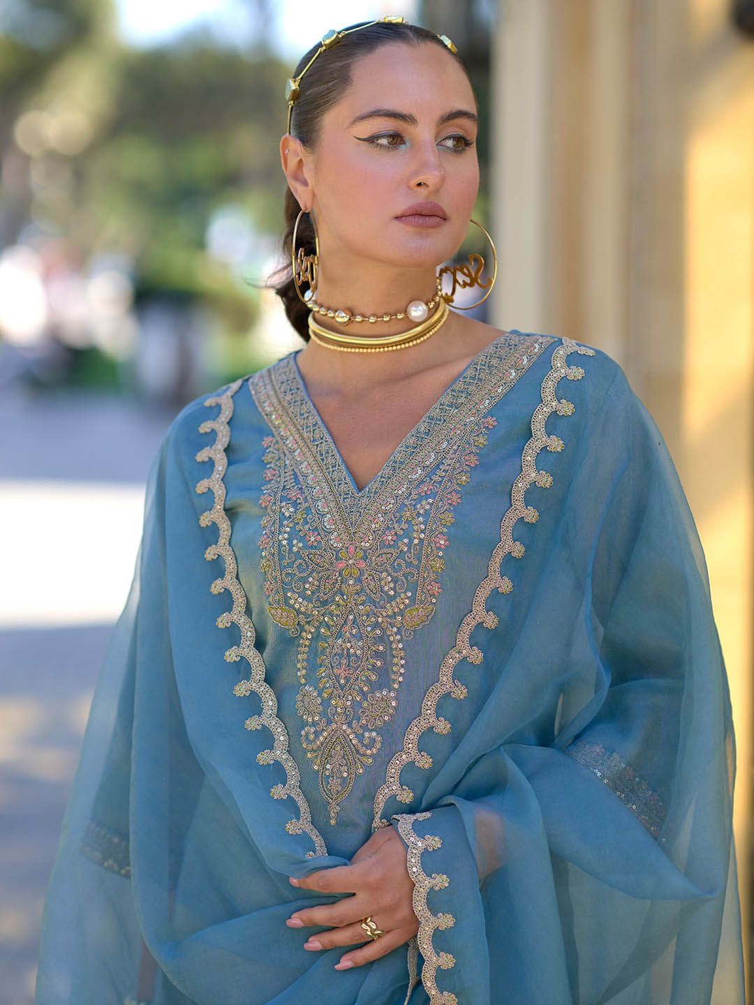 Indo Era Ethnic Motifs Embroidered Sequinned Straight Kurta With Trousers &  Dupatta