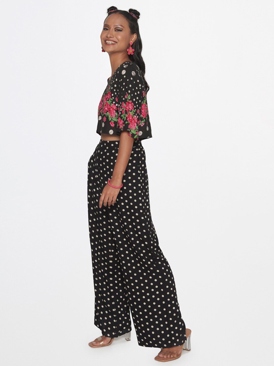 Global Desi Women Black Printed Top with Palazzos