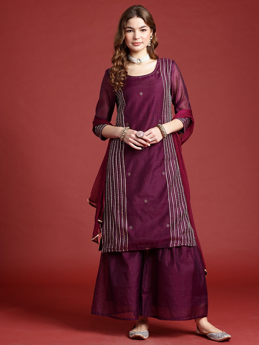 Anouk Striped Regular Kurta with Palazzos & With Dupatta