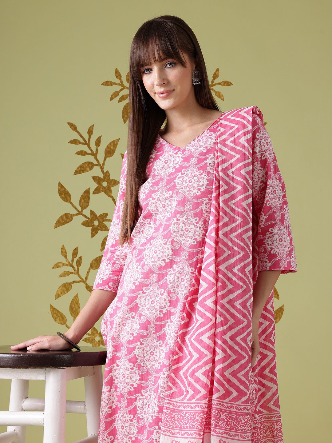 Anouk Floral Printed Pure Cotton Straight Kurta with Trousers & Dupatta