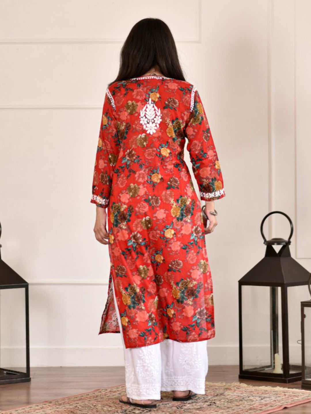 House of Chikankari Women Red Mulmul Chikankari Embroidered Kurta