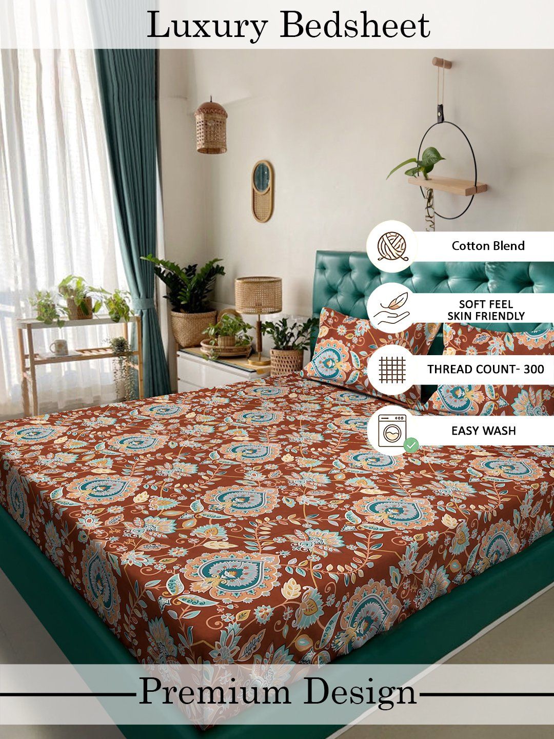 Myntra Elegant Homes Rust Floral 300 TC King Bedsheet with 2 Pillow Covers