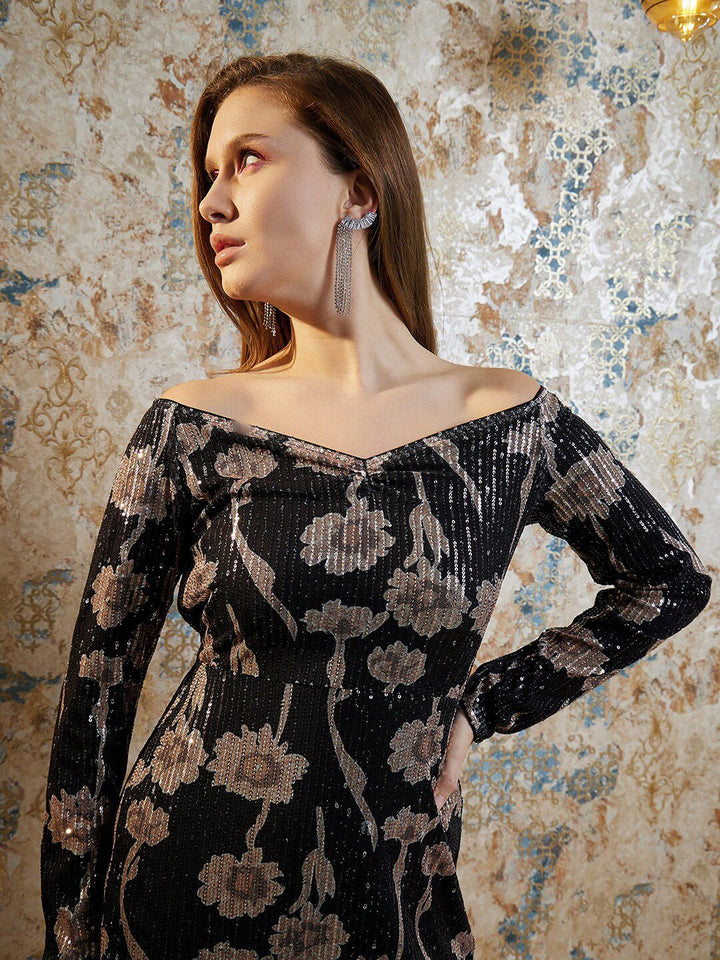 Athena Black Abstract Printed Off Shoulder Sequinned A-Line Dress