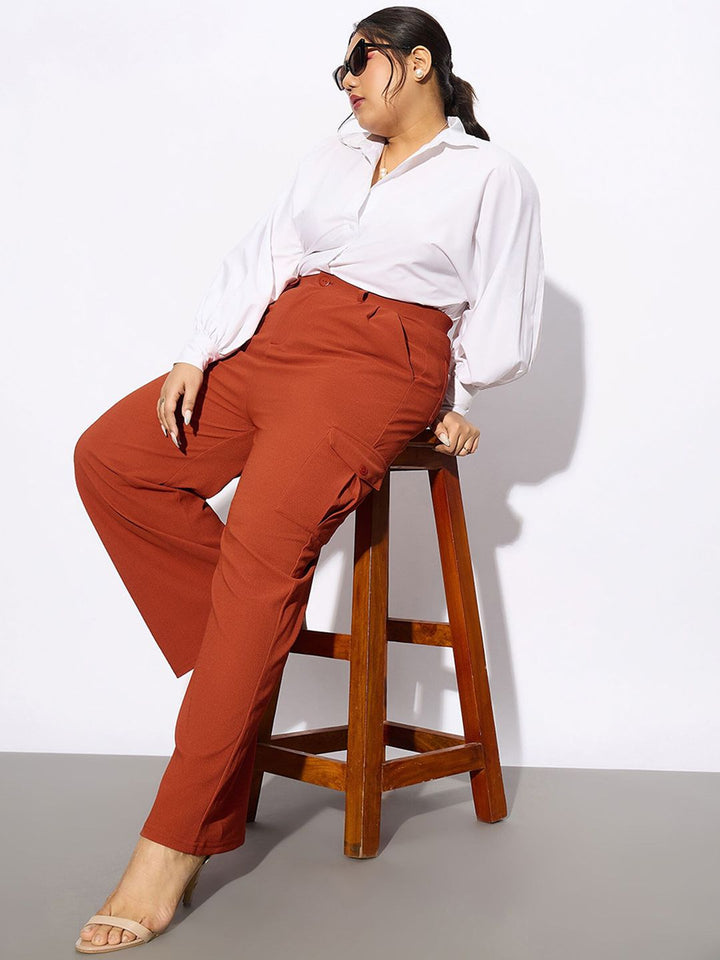 SASSAFRAS Curve Women Plus Size Rust Orange Straight Fit Pleated-Front Cargos Trousers